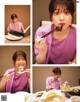 A woman eating a piece of food with chopsticks.