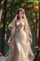 A woman in a wedding dress standing in the woods.